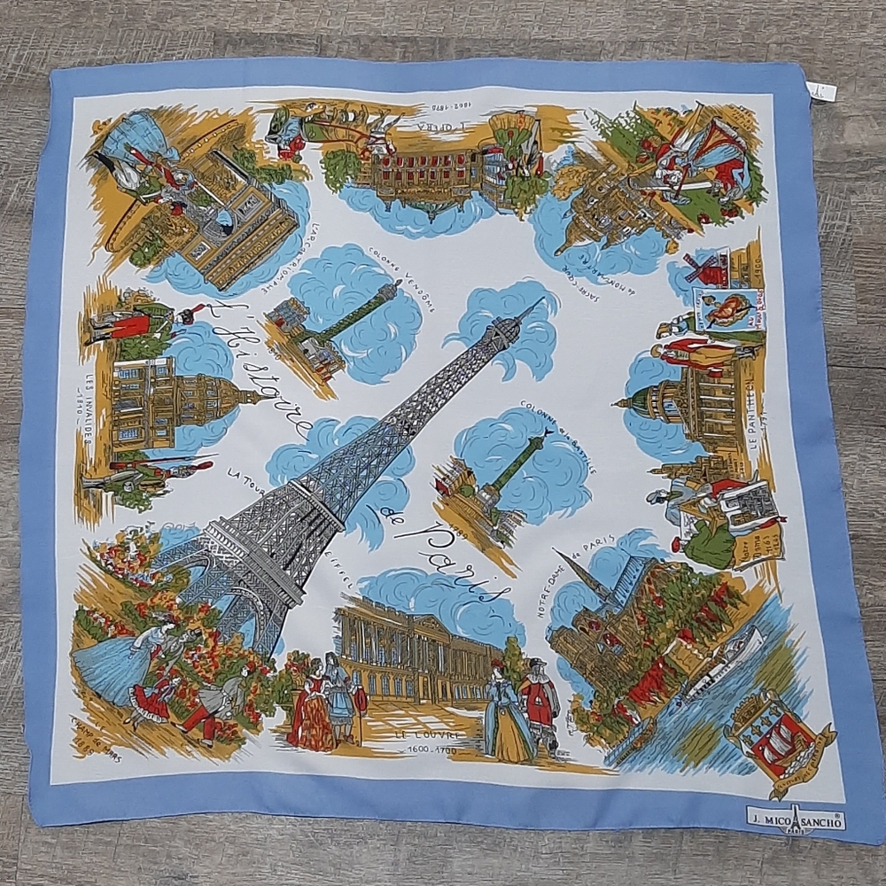 Vintage J. Mico Sancho Paris Scarf Multi Colored 30" x 30" Women's Paris Scenes